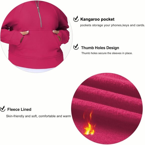 Pitaya Red Women's Half-Zip Fleece Hoodie, Small, Pockets, Thumb Holes - Picture 4 of 6